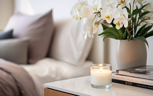 Home decor of a light cozy bedroom interior with a burning scented candle and books and magazines on the bedside table on a blurred bed background. Relaxation and comfort concept Home decor of a light cozy bedroom interior with a burning scented candle and books and magazines on the bedside table on a blurred bed background. Relaxation and comfort concept